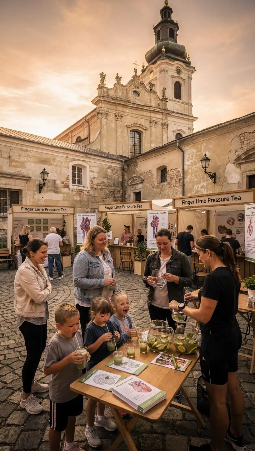 Puodelis arbatos su finger lime, fonas - saulėtas sodas.